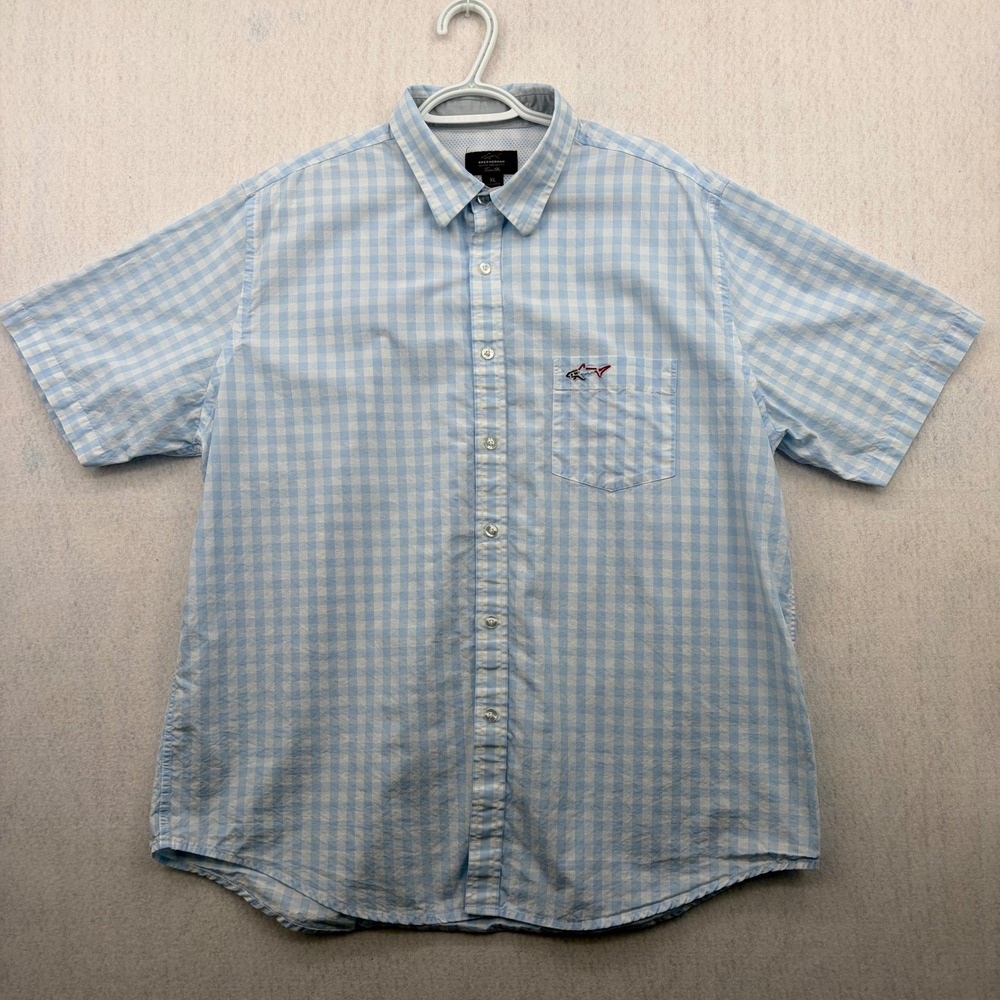 Greg Norman for Tasso Elba Mens XL Blue Gingham Short Sleeve Shark Logo Shirt
